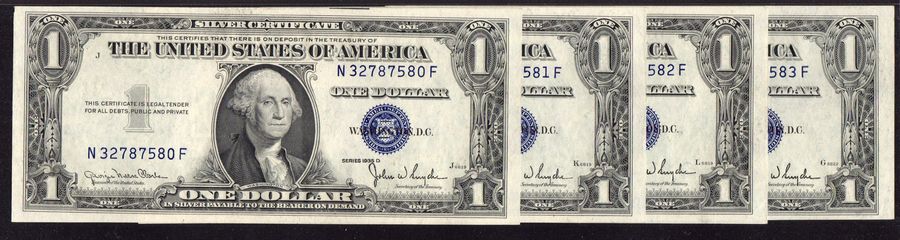 Fr.1613N, 1935D Narrow $1 SC, 4 Consecutive, AU/CU